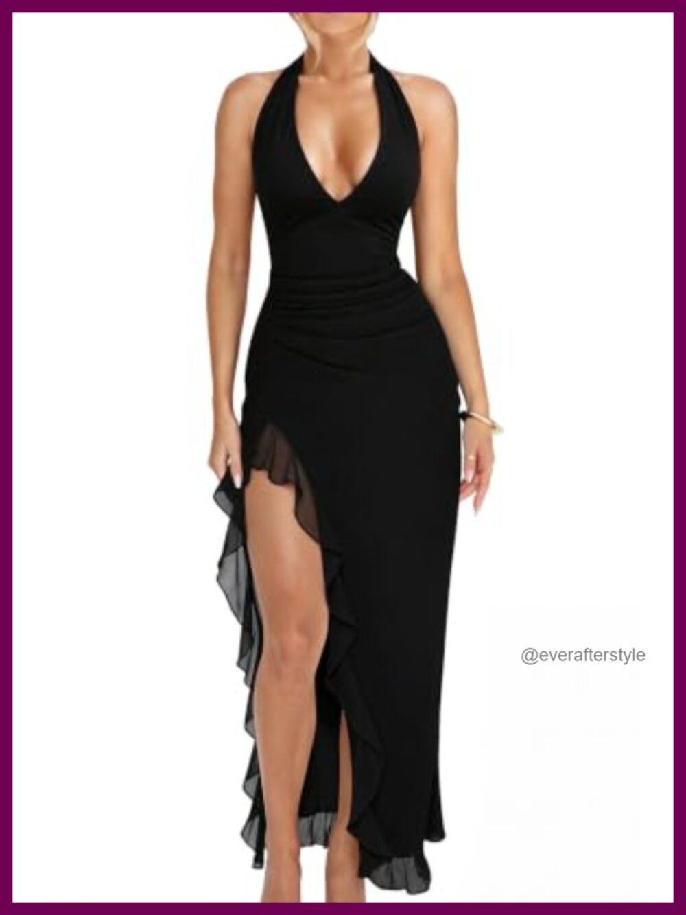 Sexy Deep V Neck High Split Backless Mesh Ruffle Hem Maxi Dress